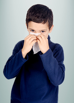 A boy holding his nose with tissue paper 